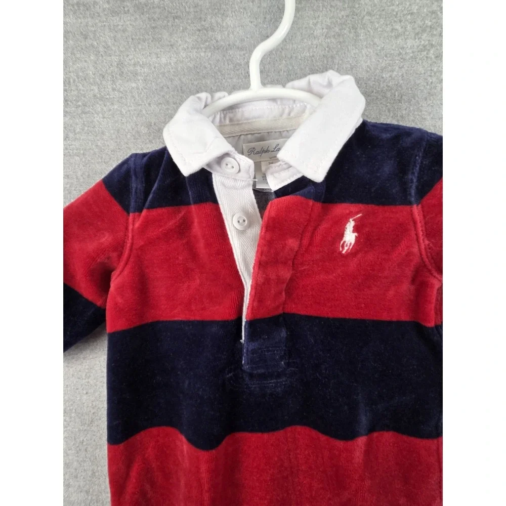 Ralph Lauren Baby Boy 3M One Piece Navy Red Velour Rugby Footed Romper Snap Pony
